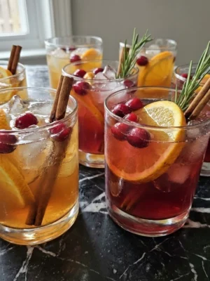 Friendsgiving Cocktail Party finished autumn cocktails with apple cider and cranberry drinks