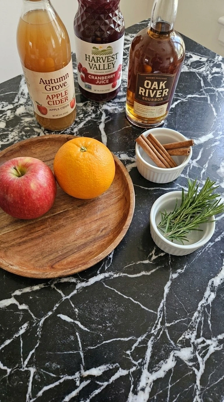 Friendsgiving Cocktails ingredients with apples cranberry juice cinnamon and spirits Recipe focus: friendsgiving drink ideas.