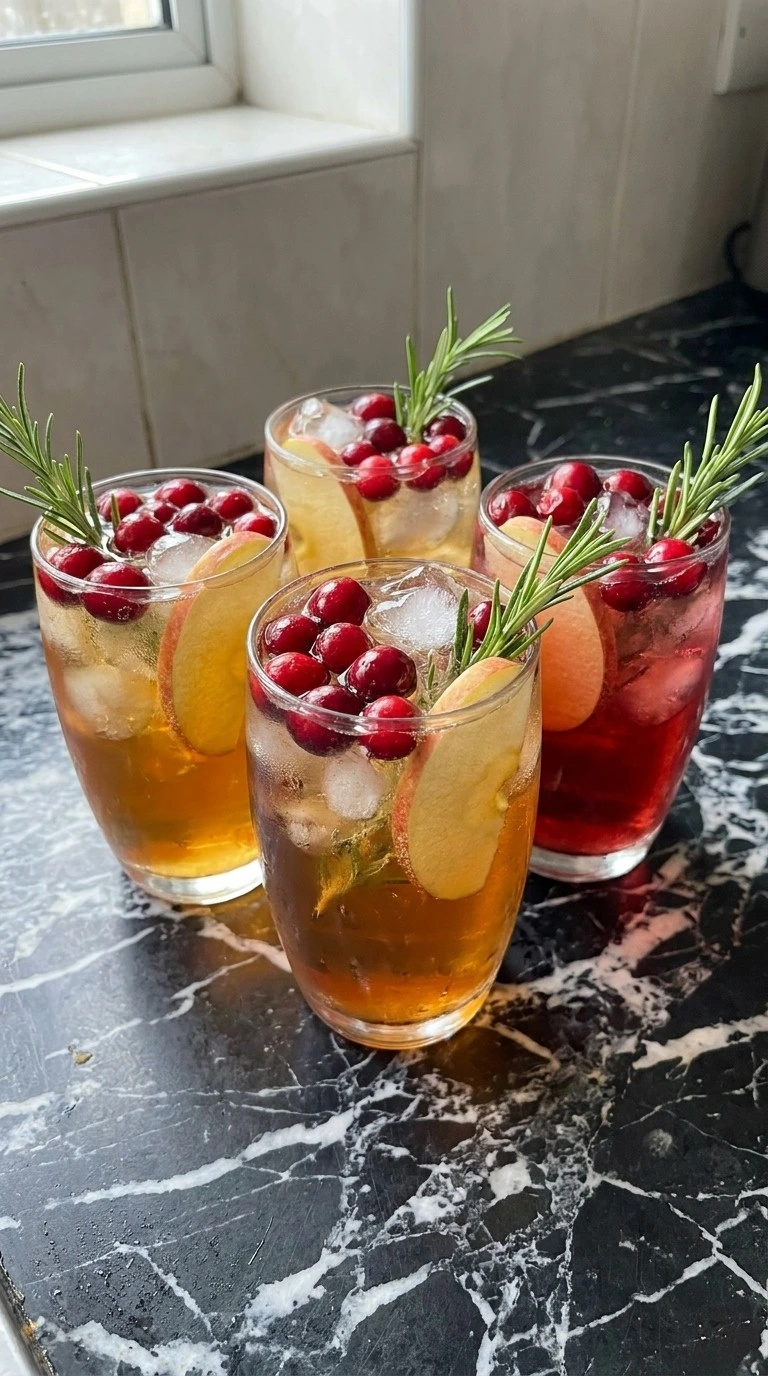 Friendsgiving Cocktails finished glasses with cranberry and apple garnish Recipe focus: friendsgiving appetizer party.