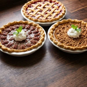 Friendsgiving Pie Party dessert table with rustic homemade pies and golden crusts