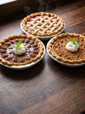 Friendsgiving Pie Party dessert table with rustic homemade pies and golden crusts