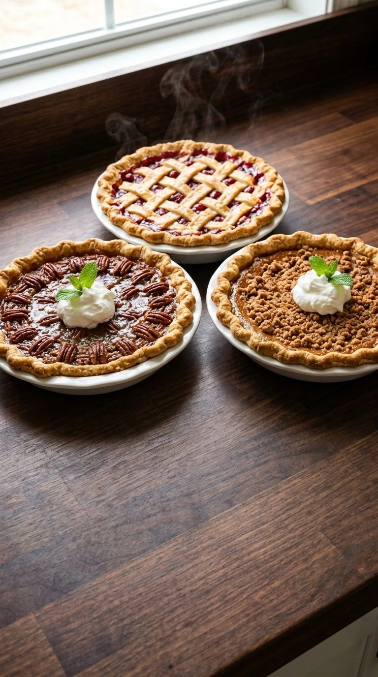 Friendsgiving Pie Party dessert table with rustic homemade pies and golden crusts