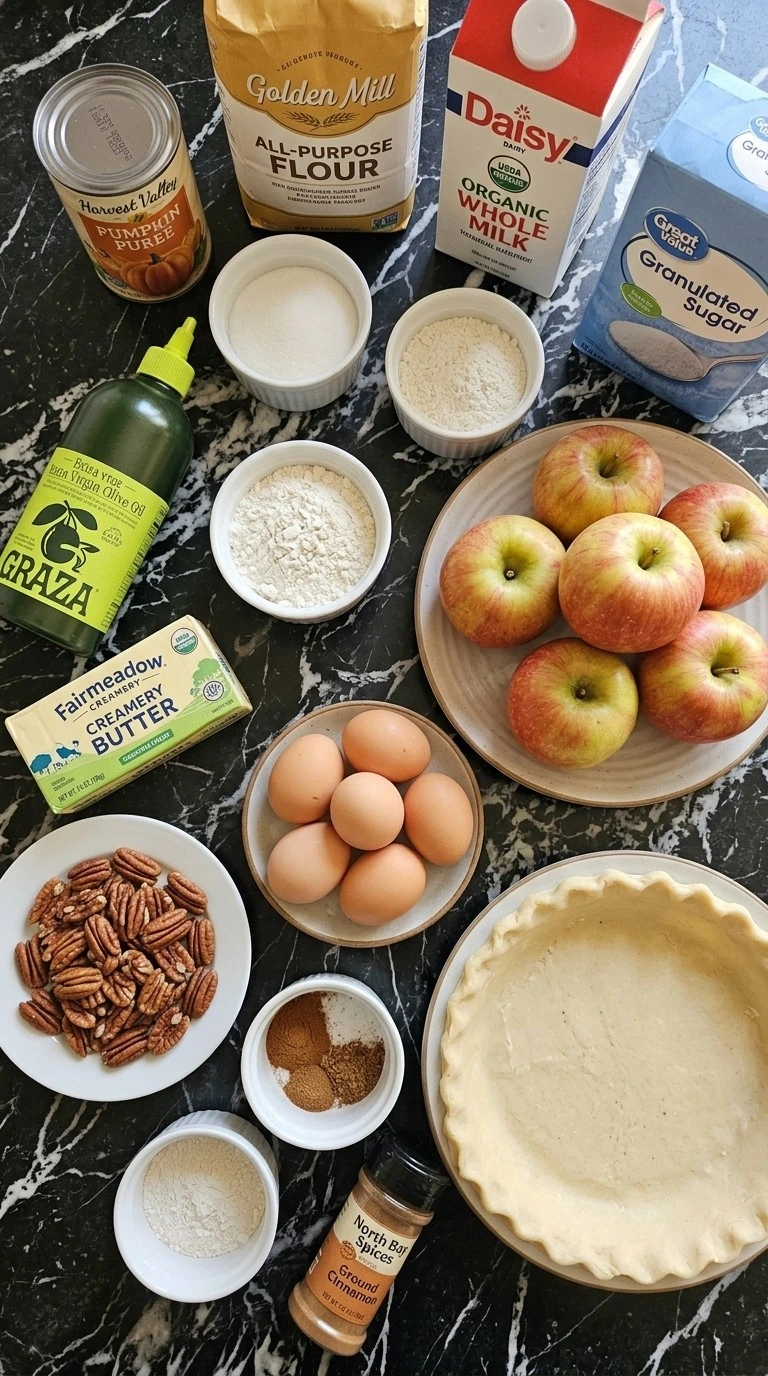 Friendsgiving Pie Party ingredients with pumpkins apples spices and baking supplies