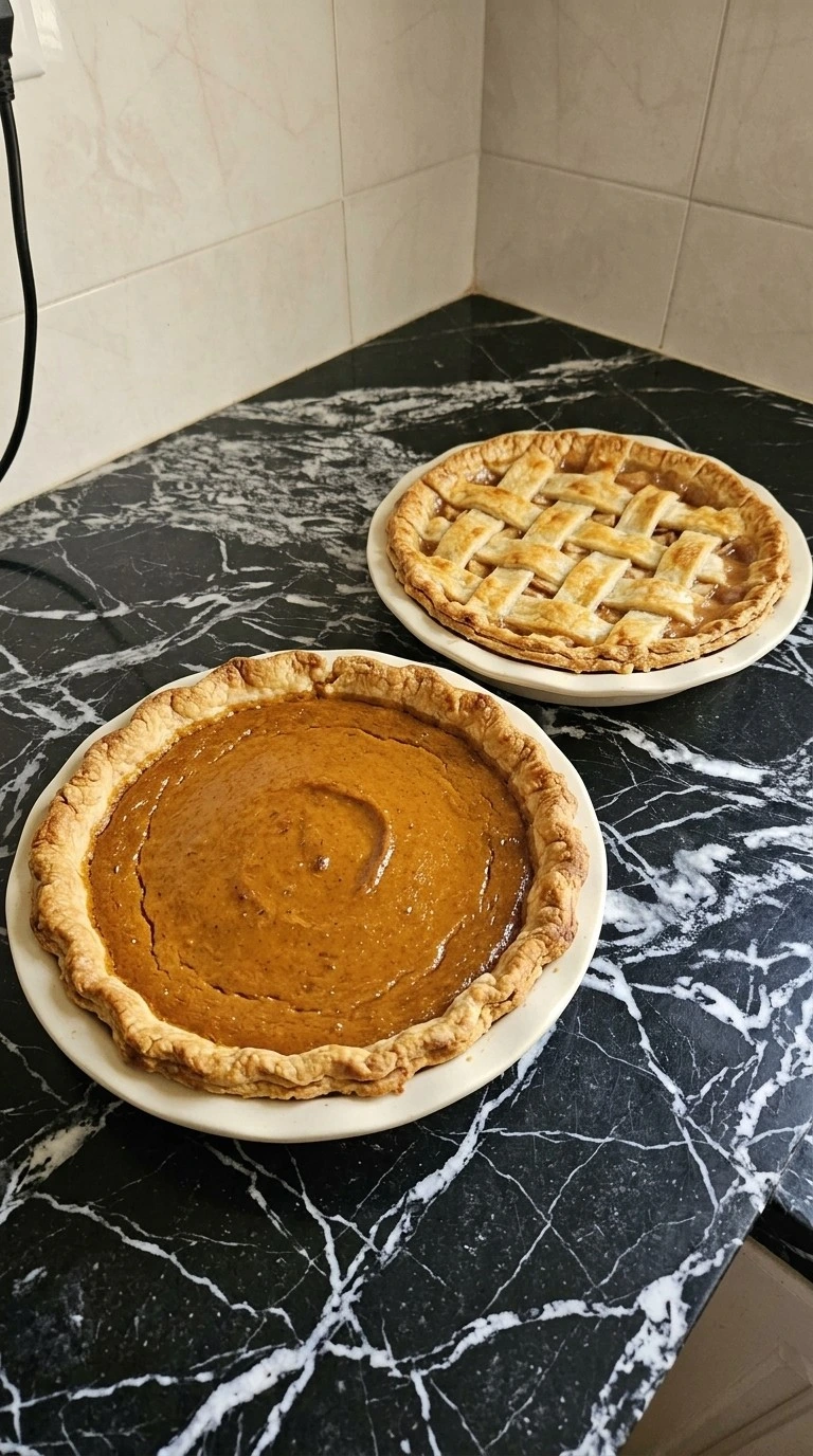 Friendsgiving Pie Party pies baking with golden crust edges and set fillings