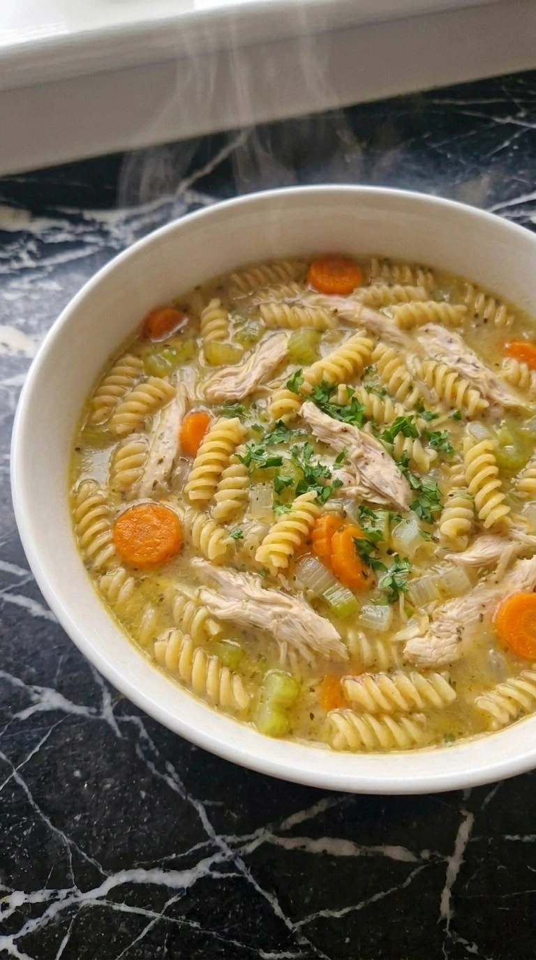 Gluten Free Chicken Noodle Soup with tender chicken, rotini, carrots, celery and parsley in golden broth