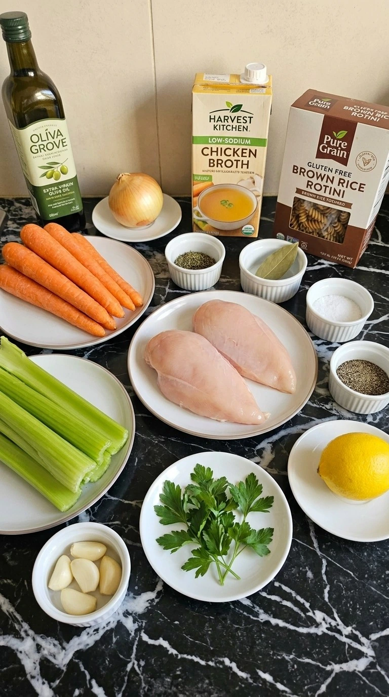 Gluten Free Chicken Noodle Soup ingredients including chicken breast, brown rice rotini, carrots, celery and broth