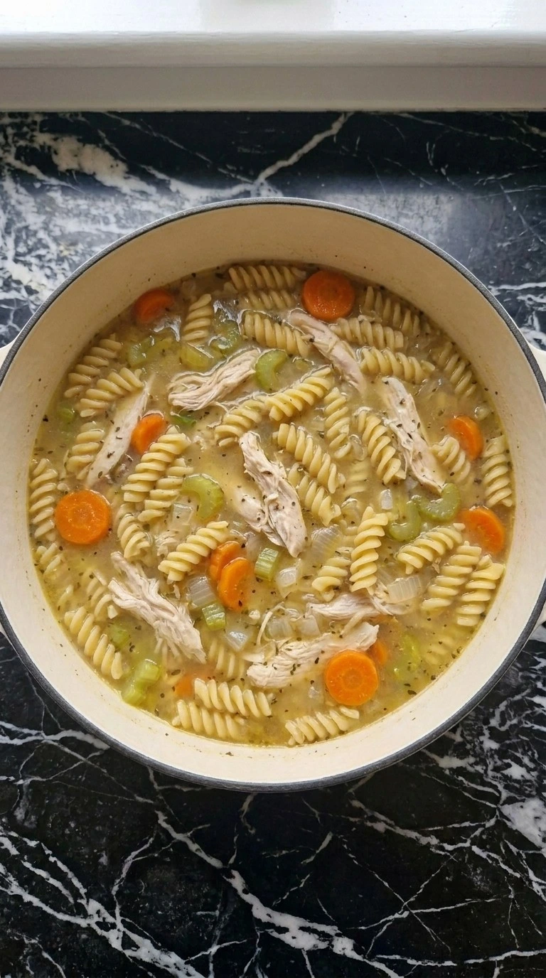 Brown rice rotini and shredded chicken simmering in Gluten Free Chicken Noodle Soup