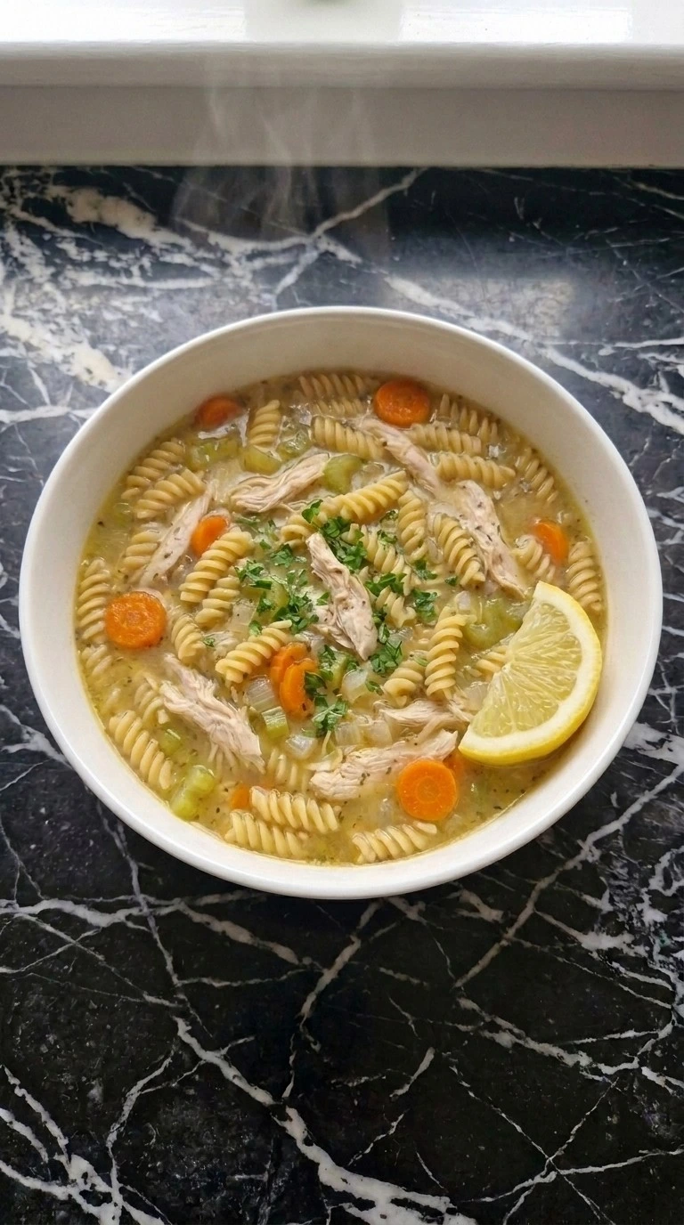 Finished Gluten Free Chicken Noodle Soup with rotini, chicken, carrots and fresh parsley