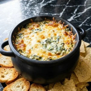 Halloween Appetizers Dip creamy spinach artichoke dip in a black cauldron dish