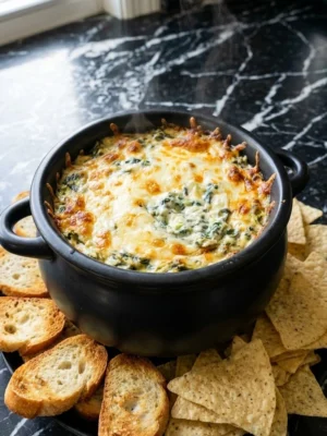 Halloween Appetizers Dip creamy spinach artichoke dip in a black cauldron dish