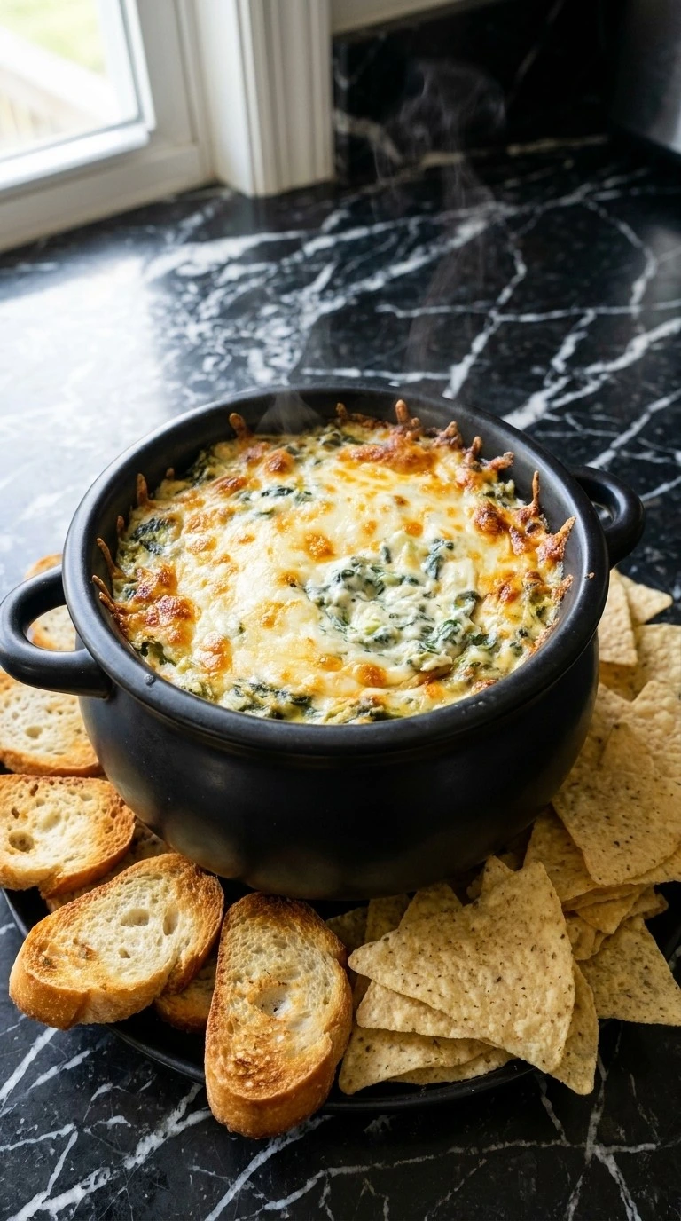 Halloween Appetizers Dip creamy spinach artichoke dip in a black cauldron dish