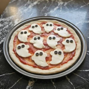 Halloween Appetizers Pizza dough base with tomato sauce before toppings