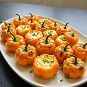 Halloween Appetizers Pumpkin platter with orange pepper pumpkin bites and creamy filling