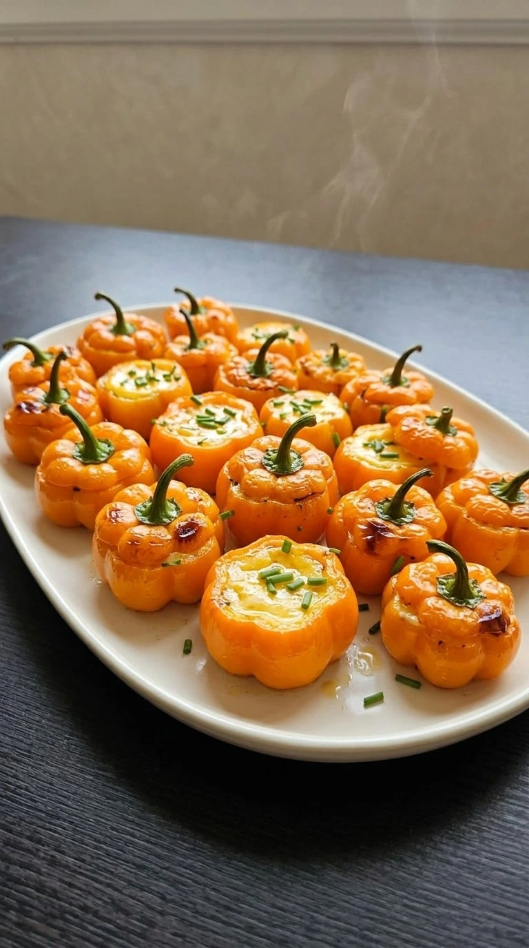 Halloween Appetizers Pumpkin platter with orange pepper pumpkin bites and creamy filling