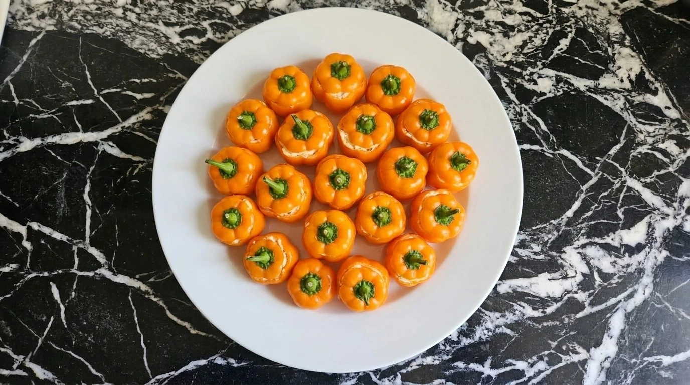 Halloween Appetizers Pumpkin mini orange peppers being prepared