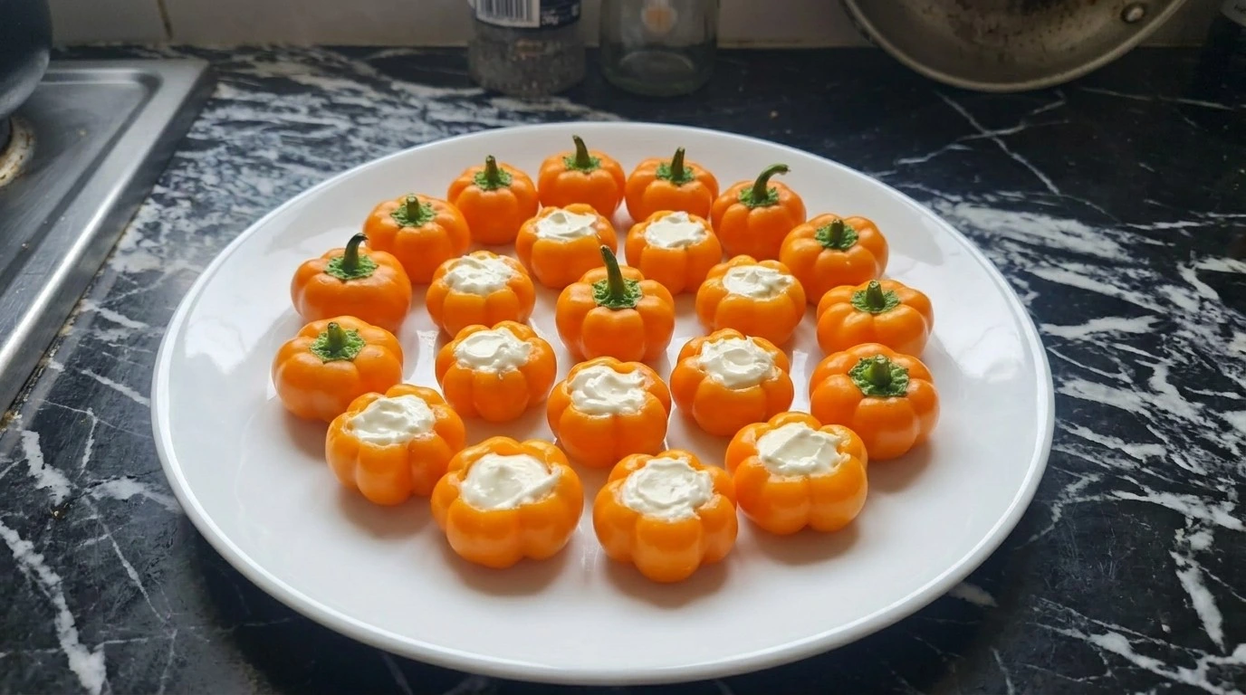 Halloween Appetizers Pumpkin peppers filled with creamy cheese mixture