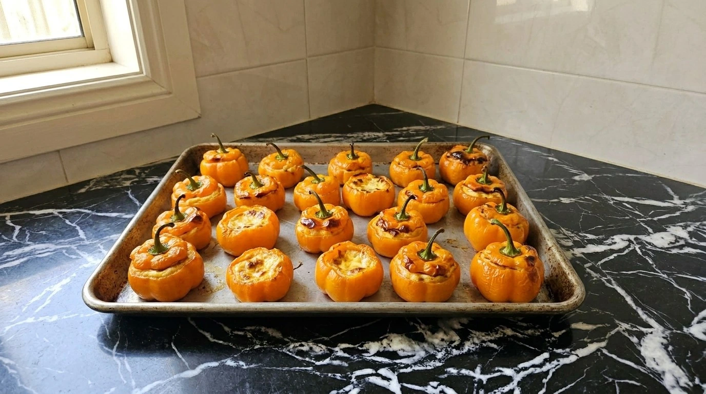 Halloween Appetizers Pumpkin baked mini peppers with golden filling