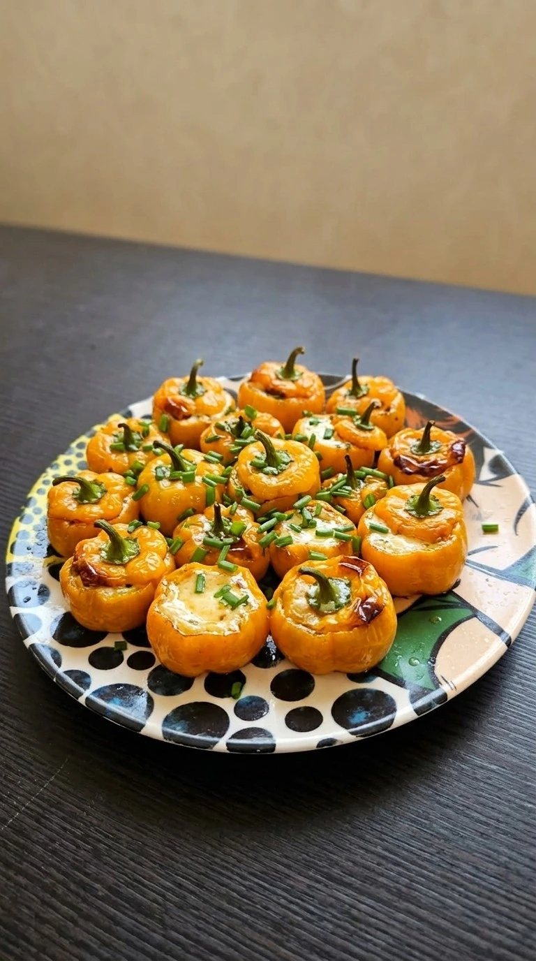 Halloween Appetizers Pumpkin finished serving plate with stuffed peppers