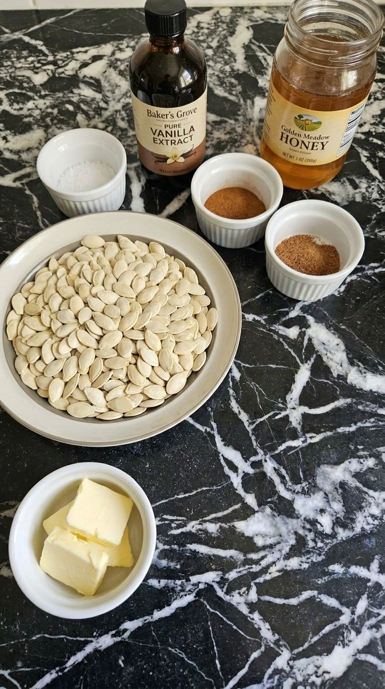 Honey Roasted Pumpkin Seeds ingredients including fresh seeds, clover honey, butter, cinnamon and nutmeg Recipe focus: best pumpkin seed recipe.