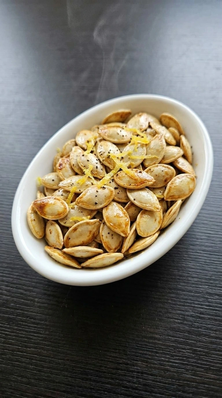 Lemon Roasted Pumpkin Seeds piled in a white bowl with golden edges and fresh lemon zest. Recipe focus: how to make lemon roasted pumpkin seeds.