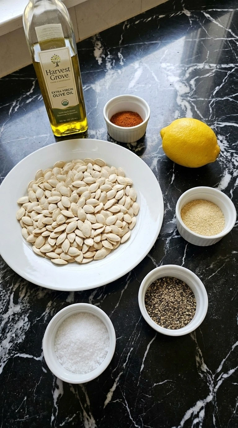 Lemon Roasted Pumpkin Seeds ingredients with raw seeds, Eureka lemon, olive oil and seasonings. Recipe focus: spicy lemon roasted pumpkin seeds.