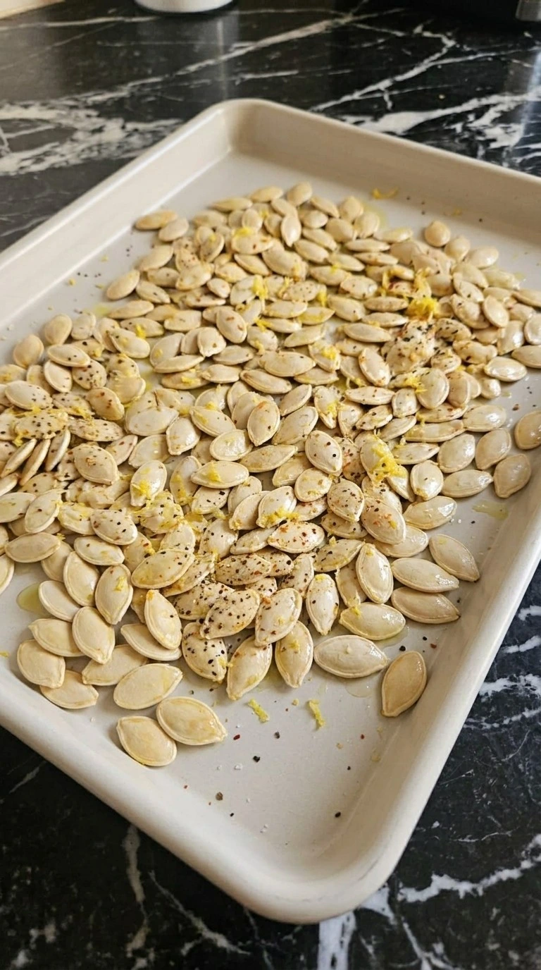 Lemon Roasted Pumpkin Seeds coated with olive oil, Eureka lemon zest and spices as the edges turn light Recipe focus: how to make lemon roasted pumpkin seeds.