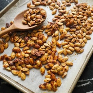 Roasted Pumpkin Seeds with Parmesan Cheese golden and crisp on a baking sheet