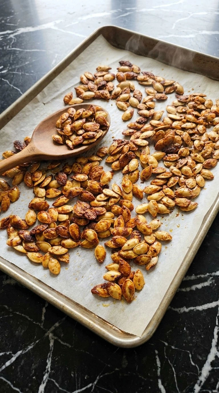 Roasted Pumpkin Seeds with Parmesan Cheese golden and crisp on a baking sheet