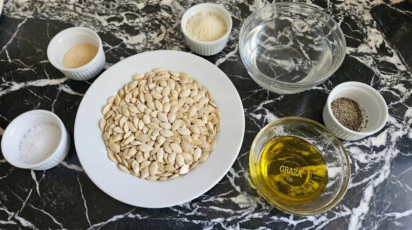 Ingredients for Roasted Pumpkin Seeds with Parmesan Cheese including fresh pumpkin seeds and Parmigiano-Reggiano