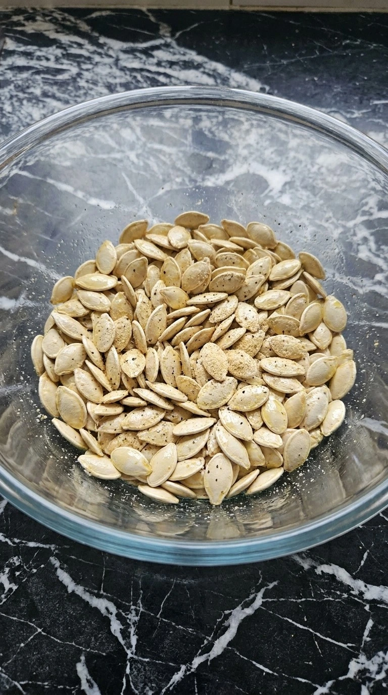 Roasted Pumpkin Seeds with Parmesan Cheese step with pumpkin seeds coated in olive oil and garlic seasoning