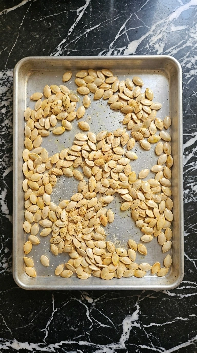 Roasted Pumpkin Seeds with Parmesan Cheese step showing pumpkin seeds turning golden in the oven