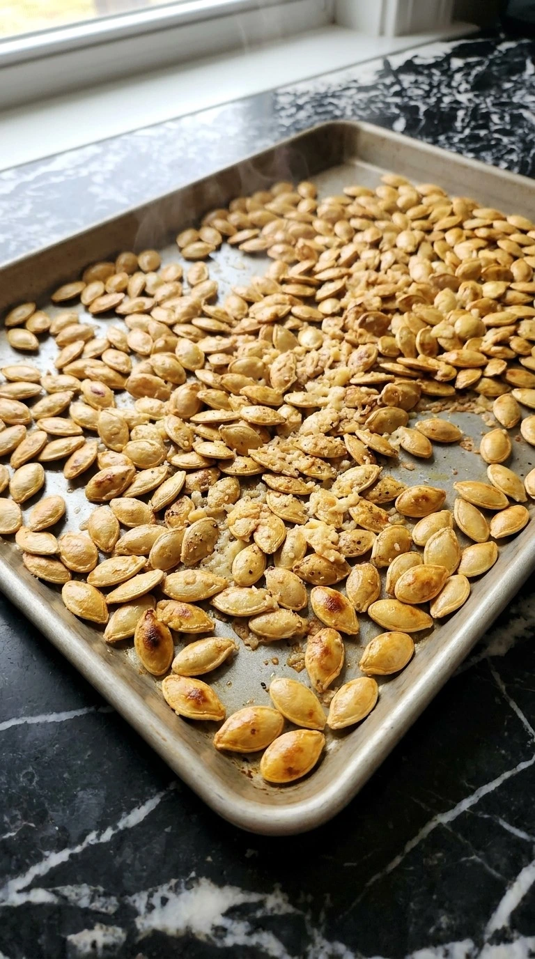 Roasted Pumpkin Seeds with Parmesan Cheese finished with crisp toasted Parmesan coating
