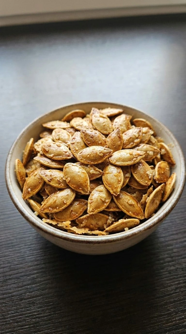 Roasted Pumpkin Seeds with Parmesan piled in a ceramic bowl with crisp bronze edges and fine Recipe focus: how to make roasted pumpkin seeds with parmesan.