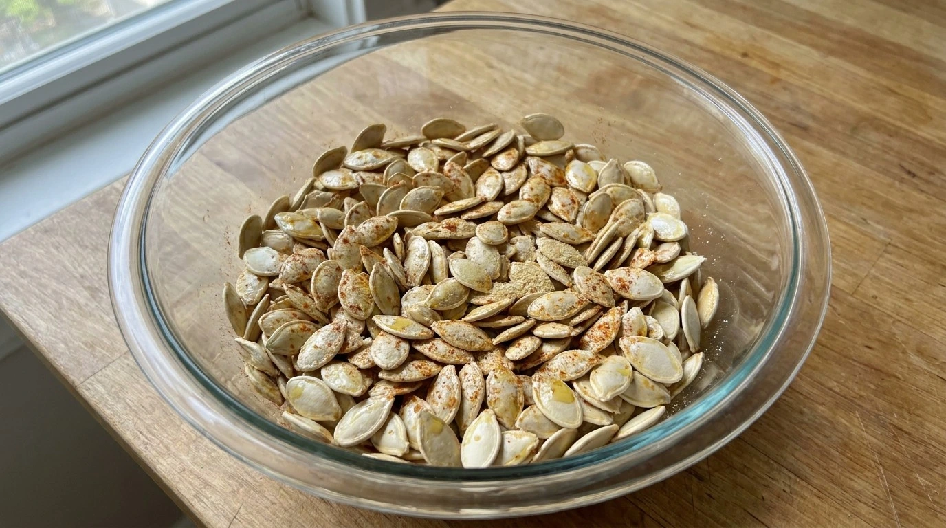 Roasted Pumpkin Seeds with Parmesan step three showing dried seeds coated with olive oil, garlic powder and smoked Recipe focus: how to prepare pumpkin seeds.