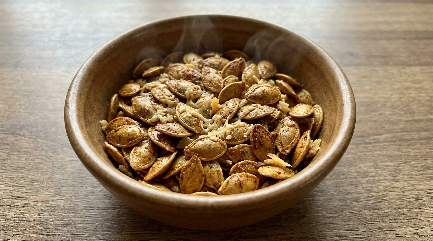Roasted Pumpkin Seeds with Parmesan finished with crisp bronze shells and pale golden Parmigiano-Reggiano flecks Recipe focus: recipe for pumpkin seeds.