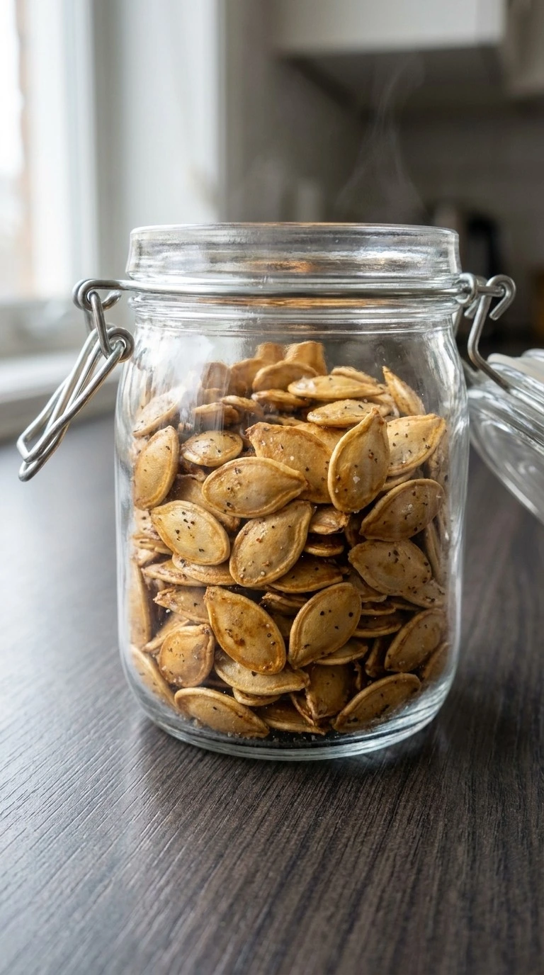 Roasted Pumpkin Seeds with Salt and Pepper crisp and golden in a glass jar