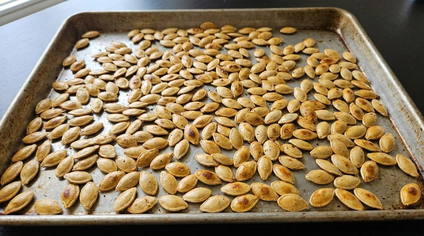 Roasted Pumpkin Seeds with Salt and Pepper baked until crisp golden amber with pepper flecks