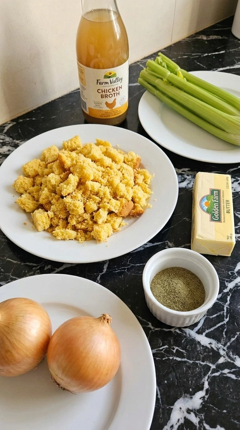 Southern Thanksgiving Soul Food Cornbread Dressing ingredients with cornbread celery onions and herbs Recipe focus: southern cooking soul food.