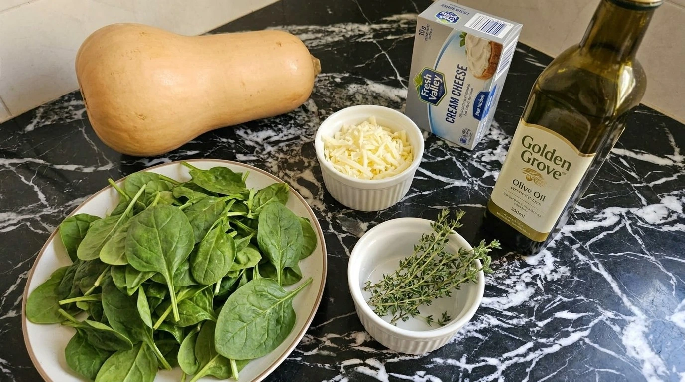 Thanksgiving Butternut Squash ingredients with whole squash and herbs Recipe focus: butternut squash thanksgiving recipes.