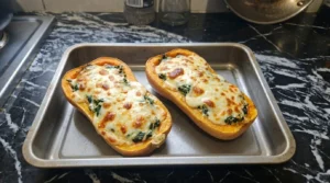 Thanksgiving Butternut Squash baking with melted cheese filling Recipe focus: butternut squash thanksgiving recipes.