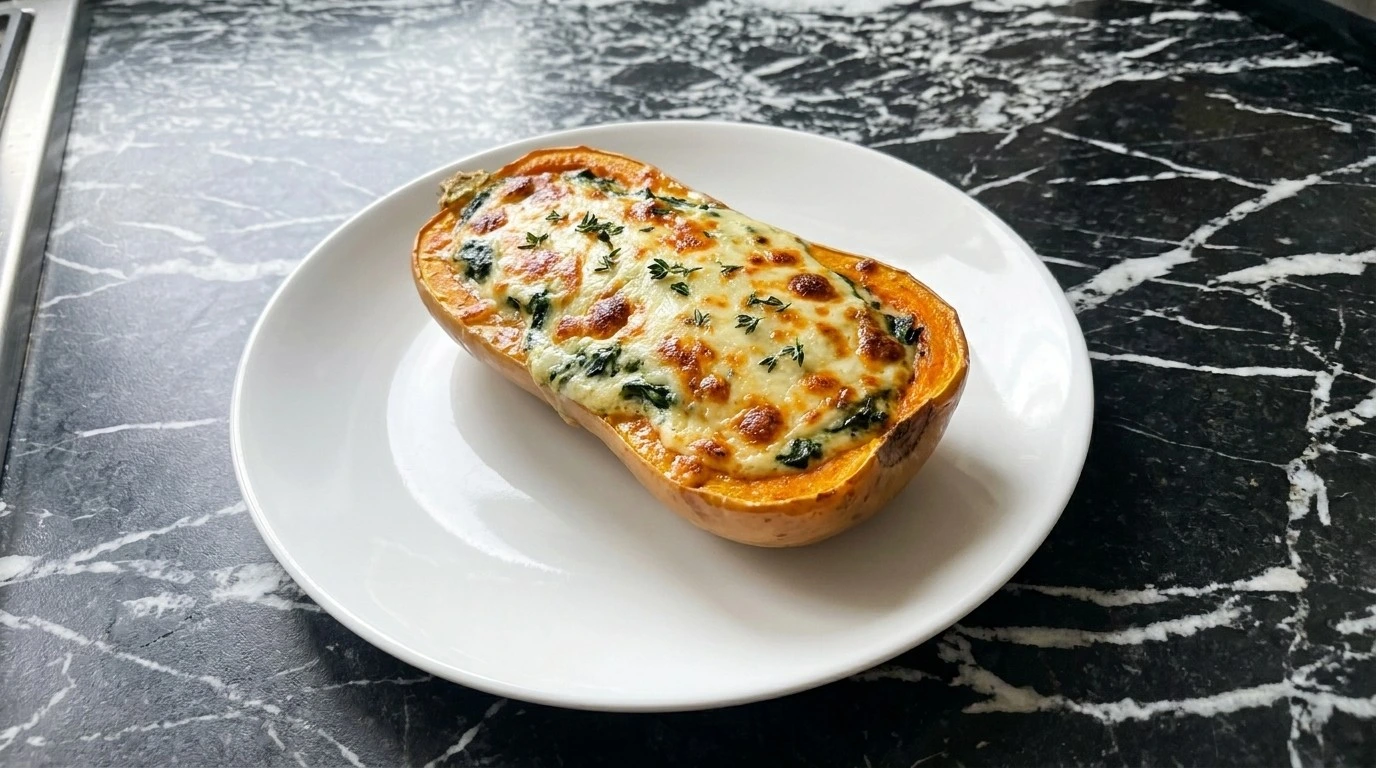 Thanksgiving Butternut Squash plated serving with melted filling and herbs Recipe focus: thanksgiving butternut squash recipes.