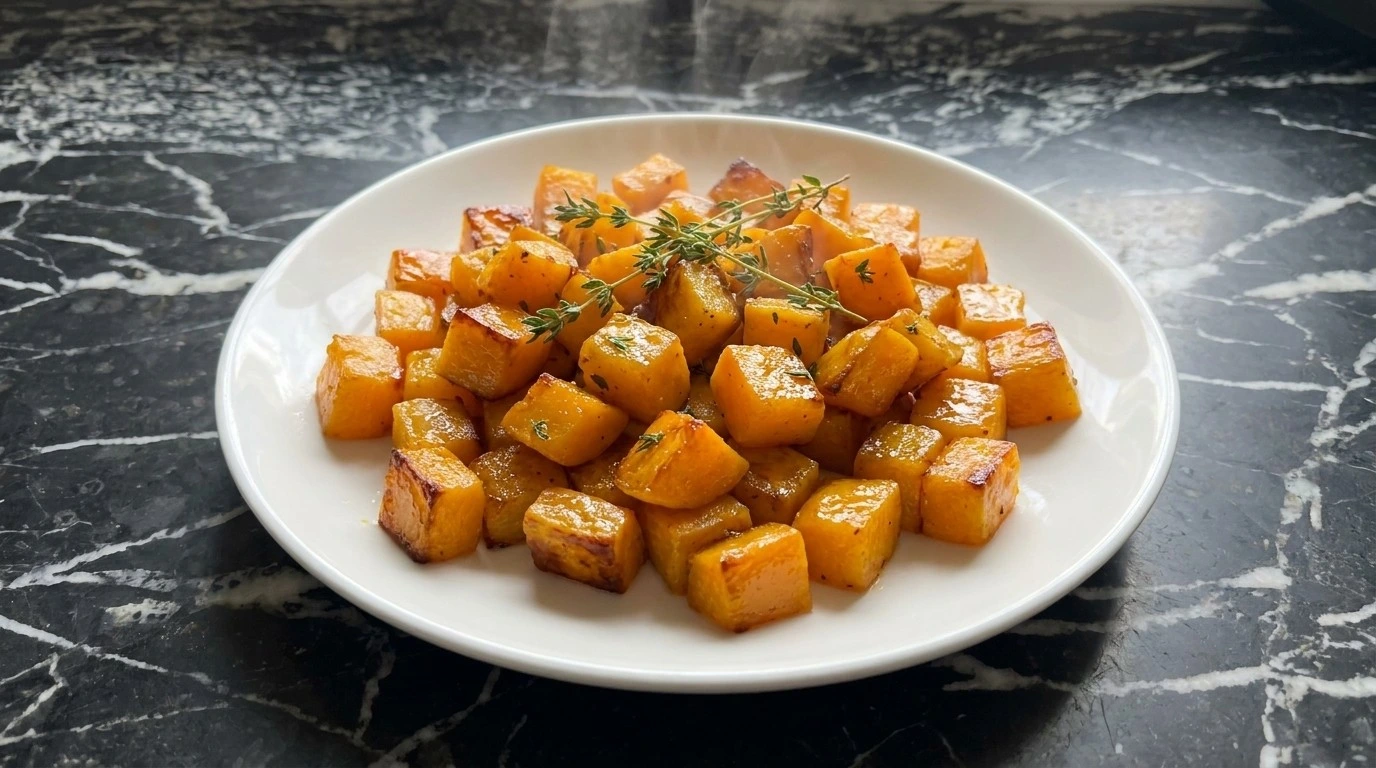 Thanksgiving Side Dishes Healthy Butternut Squash plated roasted cubes with thyme Recipe focus: thanksgiving recipes side dishes healthy butternut squash.