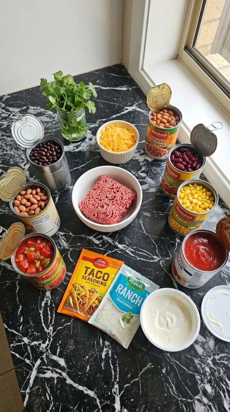 7 Can Taco Soup ingredients including canned beans, tomatoes and spices Recipe focus: 7 can taco soup recipe easy.