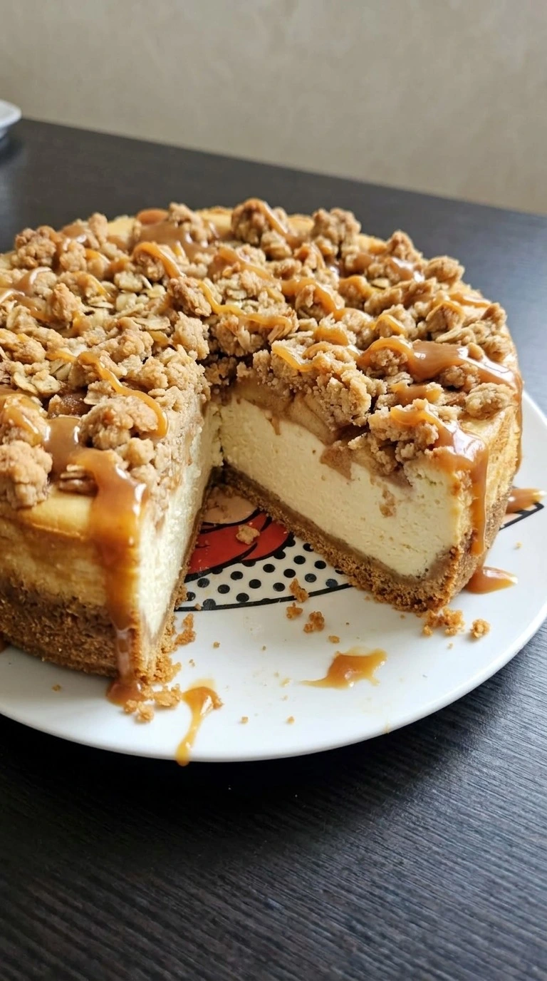 Apple Crisp Cheesecake with cinnamon apples, oat streusel and glossy caramel drizzle Recipe focus: apple crisp cheesecake recipe.