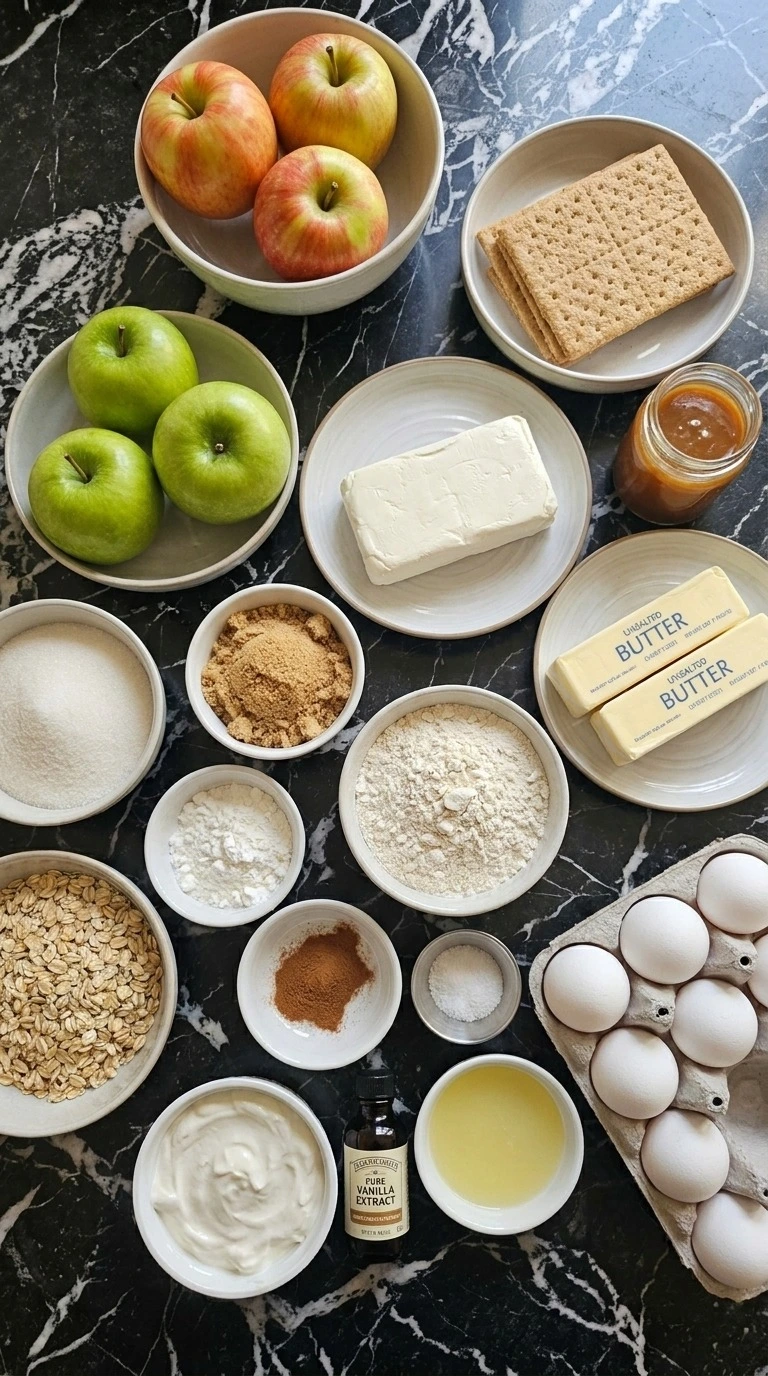 Apple Crisp Cheesecake ingredients with apples, cream cheese, graham crackers, oats and cinnamon Recipe focus: easy apple crisp cheesecake.