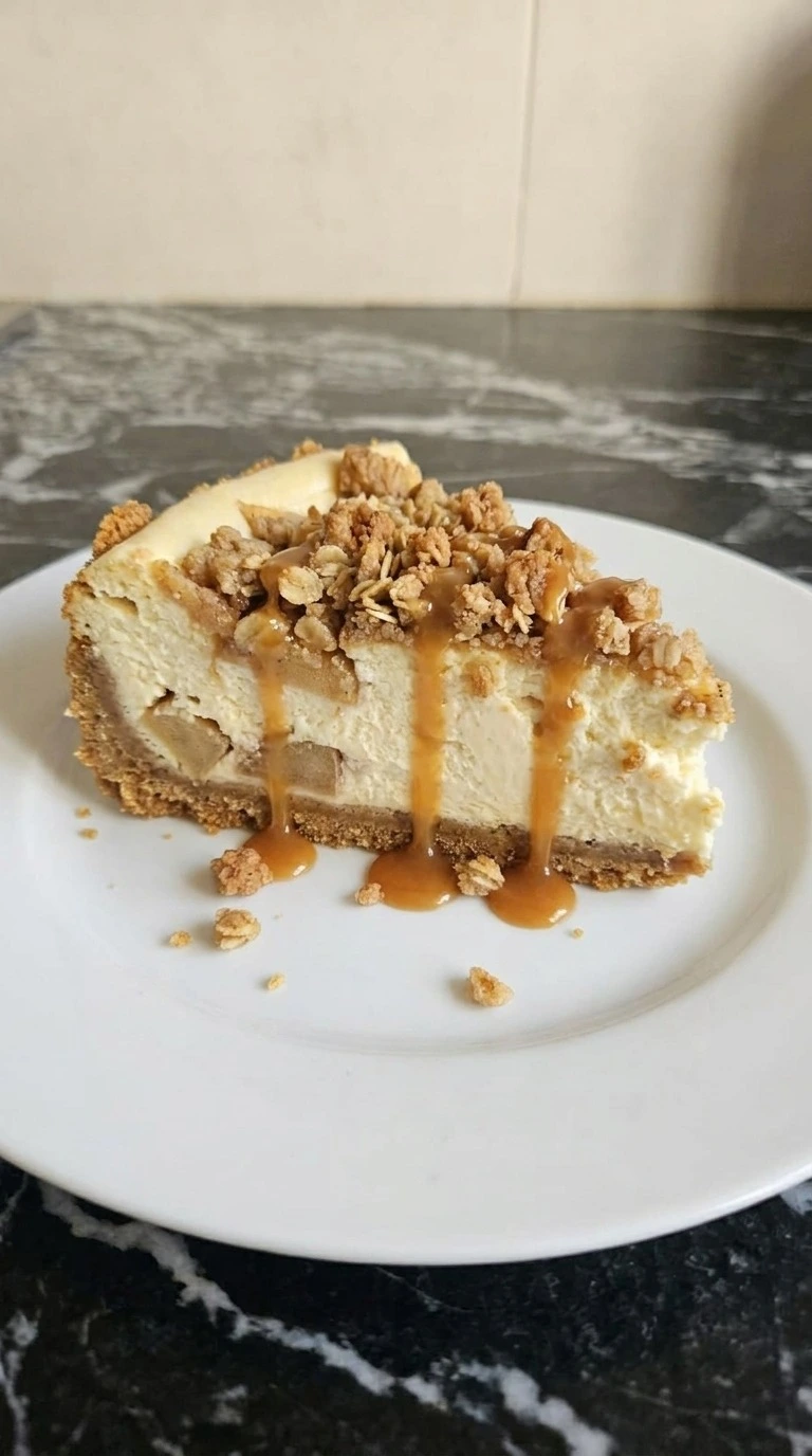 Apple Crisp Cheesecake slice with creamy center, apple streusel and caramel drizzle Recipe focus: apple crisp mini cheesecake.