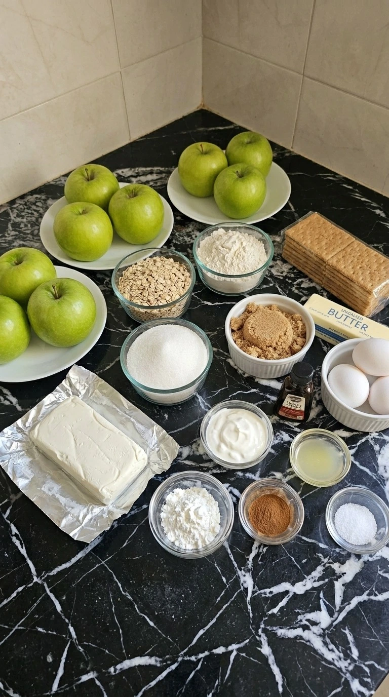 Apple Crisp Mini Cheesecake ingredients including Granny Smith apples, cream cheese, graham crackers and oats Recipe focus: mini apple crisp cheesecake.