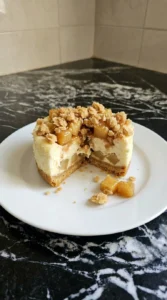 Chilled Apple Crisp Mini Cheesecake cut open to reveal creamy layers and cinnamon apples Recipe focus: mini apple crisp cheesecake.