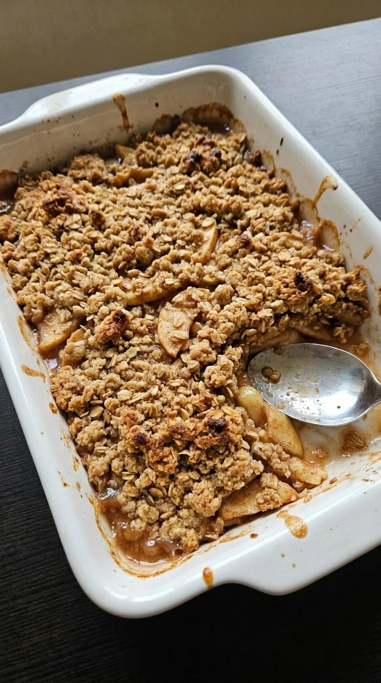 Apple Crisp with Oatmeal Crumble baked with deep-golden oat clusters and visible cinnamon apple slices Recipe focus: oatmeal crumble topping apple crisp.