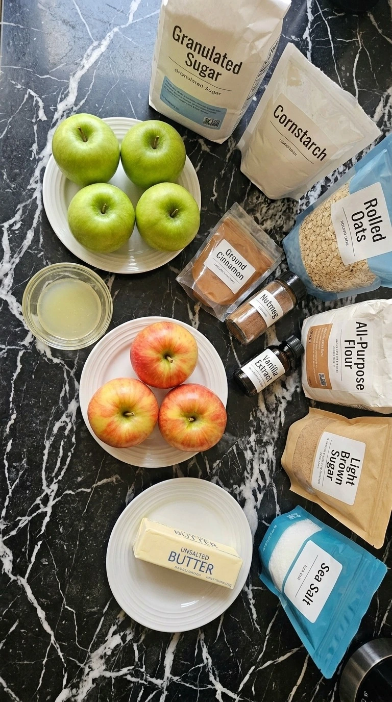 Apple Crisp with Oatmeal Crumble ingredients with whole apples, oats, butter, flour, sugar and spices Recipe focus: best apple crisp recipe ever.
